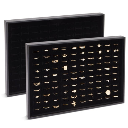 Juvale Ring Display Tray - Velvet Protection & Jewelry Display - Removable Pad & Earring Storage - Stackable Jewelry Trays & Glasses Holder for Nightstand - Pack of 2, 13.8 x 9.5 x 1.3 in, Black