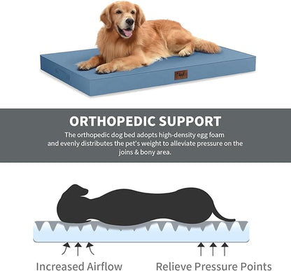 Outdoor Large Washable Dog Bed, Orthopedic Egg Crate Foam Dog Crate Mat for Large Dogs with Removable Oxford Cooling Cover, Blue