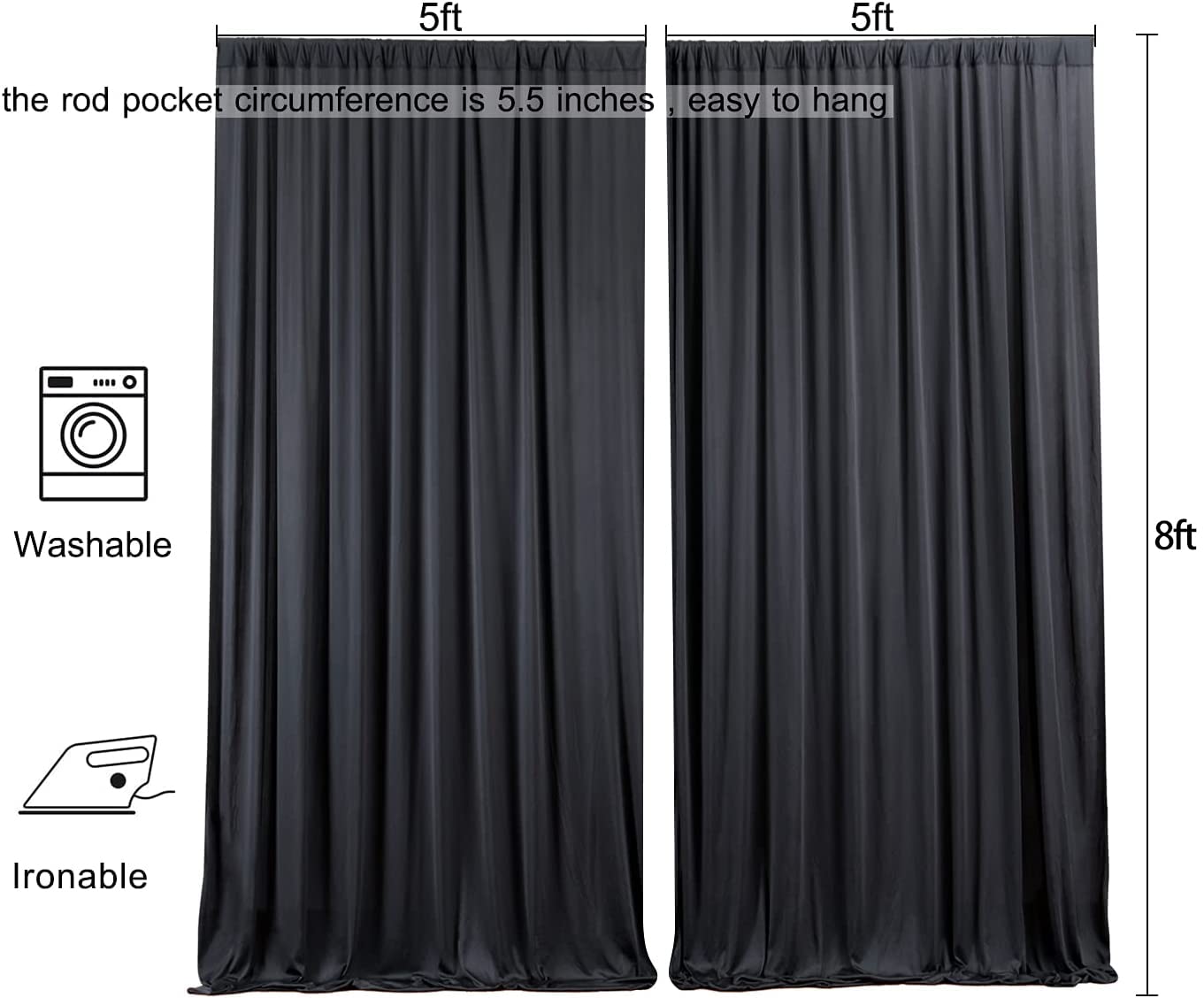Wrinkle Free Black Backdrop Curtains for Parties, Polyester Photo Backdrop Drapes 2 Panels 5x8ft for Weddings Birthday Photography Background Parties Halloween Decor, 10ft x 8ft
