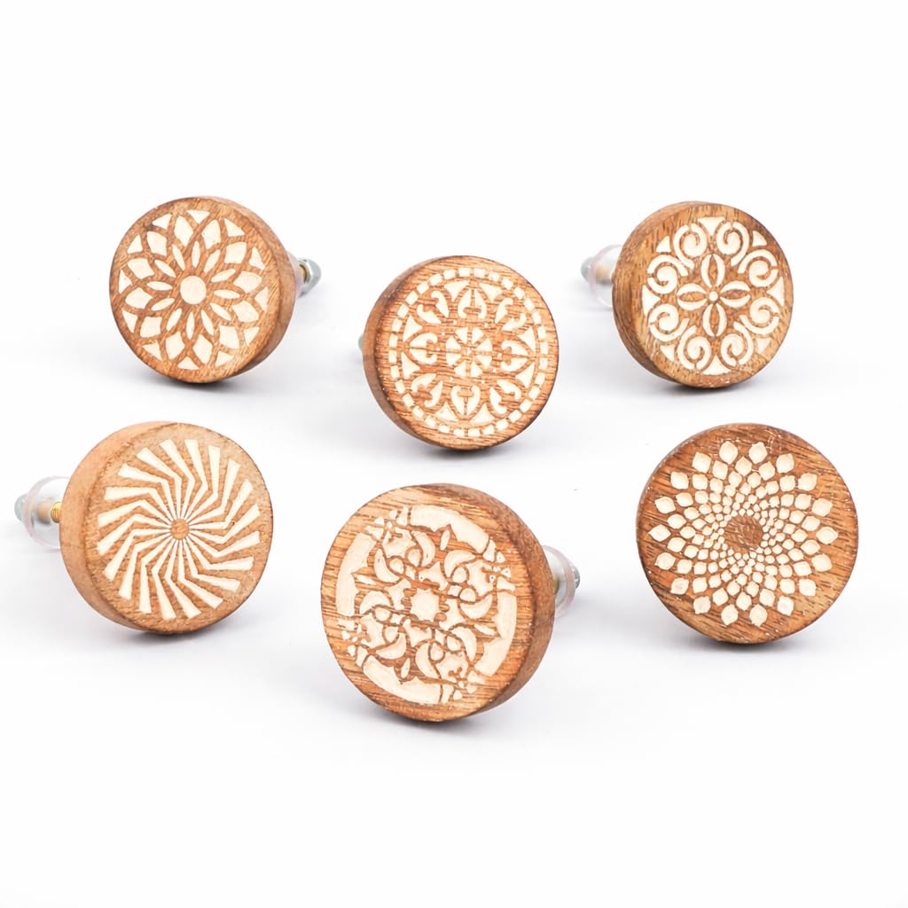 Indian Shelf 6 Pieces Boho Wooden Drawer Knobs - Brown Floral Knobs - Round Cabinet Knobs