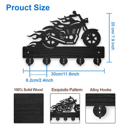 MAYJOYDIY Wood Motorcycle Flame Coat Hooks Motorbike Fire Key Holder for Wall 11.8×7.9inch Black Key Hooks Rack 5 Alloy Hooks Home Decor Gifts Entryway Kitchen Bathroom Storage Organizer