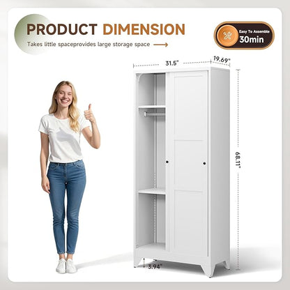 Letaya Armoire Wardrobe Closet,20" Deep Armoire Wardrobe Cabinets with Sliding Doors and Shelves,Narrow Slim Coat Closet Cabinet with Hanging Rod for Home (White)