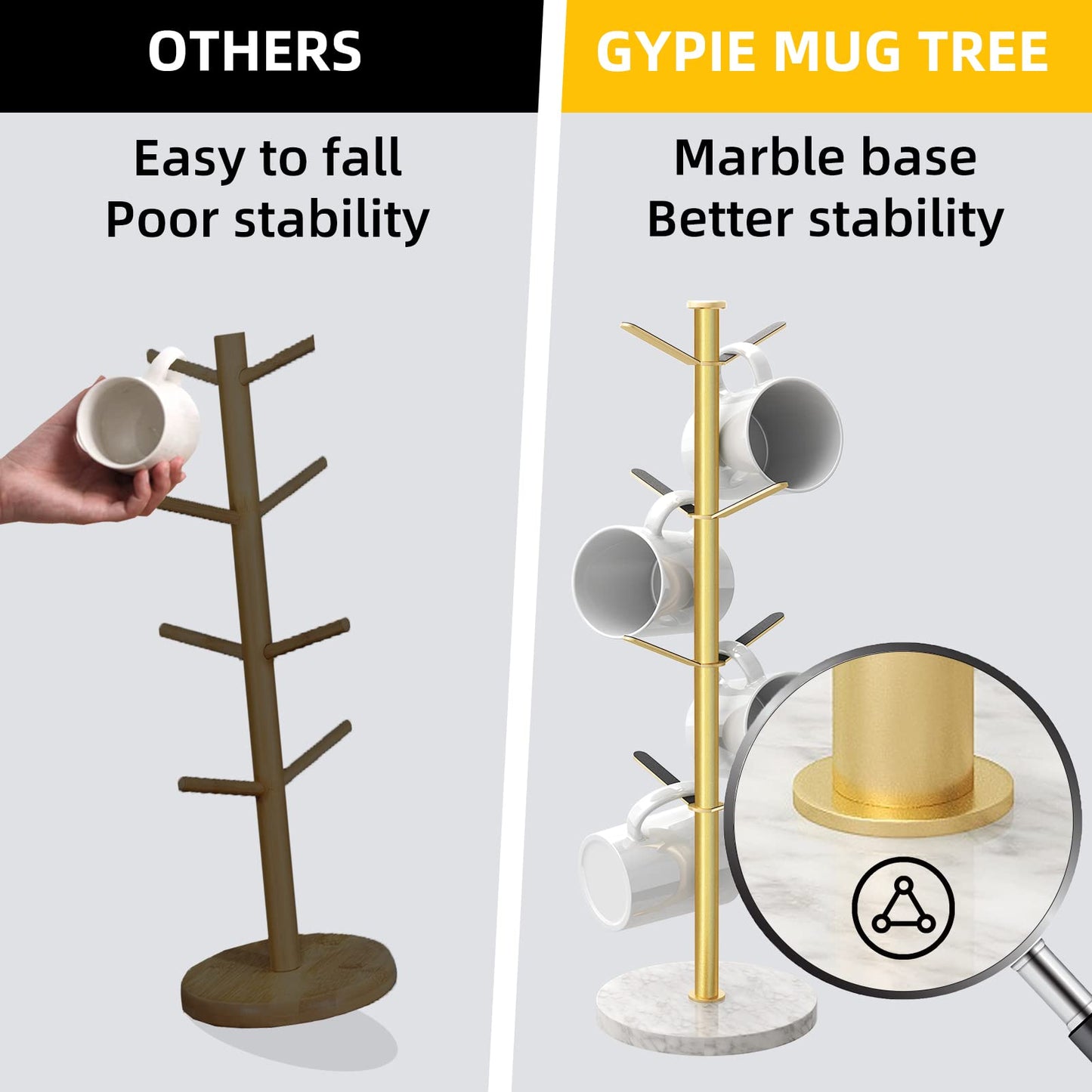 Gypie Gold Mug Holder Tree with Marble Base, 8 Hooks Coffee Cups Holder Stand, New Upgrad Stable Removable Mug Rack for Kitchen Cafe