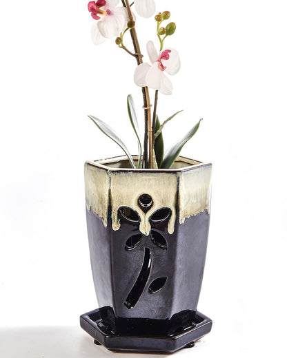 vensovo 4 Inch Ceramic Orchid Pot with Holes and Saucer, 1 Pc Small Hexagon Succulent Planter for Repotting, Garden Flowerpot for Indoor Outdoor Plants, Promotes Air Circulation (Black Mixed)