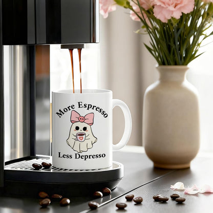 LAGZDFC More Espresso Less Depresso Ceramic Coffee Mug for Women, Funny Halloween Ghost 11oz Coffee Mug Gifts for Coworker Mom, Caffeine Lover Gifts, Anxiety Relief Mugs, Mental Health Humor Present