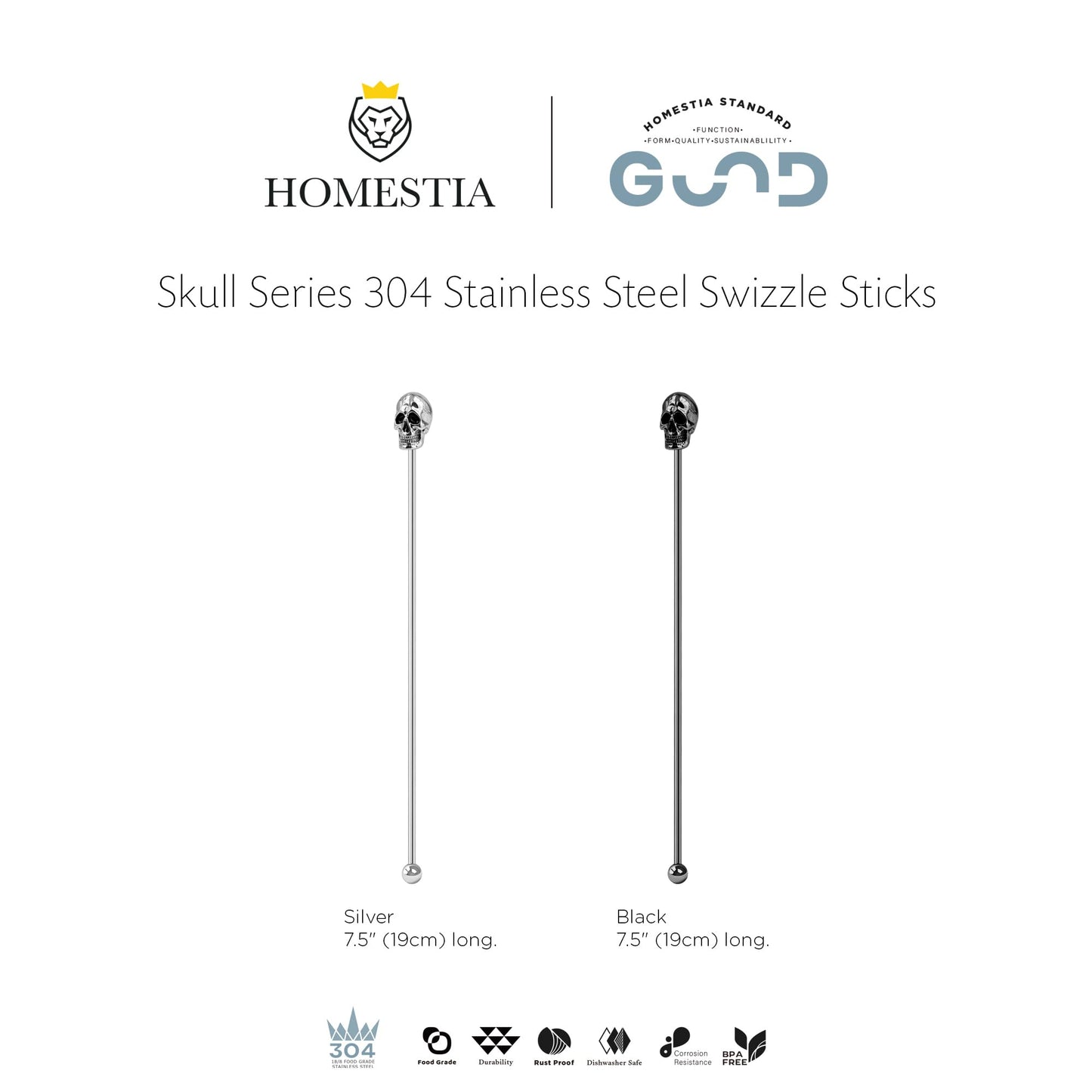Homestia Skull Swizzle Sticks, 6-Pack 7.5 Inch Stainless Steel Reusable Cocktail Stirrers with Skull Head for Halloween Party Drink Mixer Bar Tools - Dishwasher Safe, Silver
