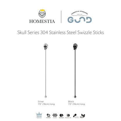 Homestia Skull Swizzle Sticks, 6-Pack 7.5 Inch Stainless Steel Reusable Cocktail Stirrers with Skull Head for Halloween Party Drink Mixer Bar Tools - Dishwasher Safe, Silver
