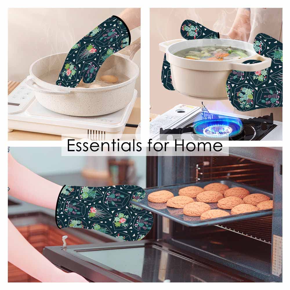 Samgula Green Plant Oven Mitts and Pot Holders Sets Succulents Cactuses in Glass Terrariums Heat Resistant 3pcs for Cooking Baking BBQ
