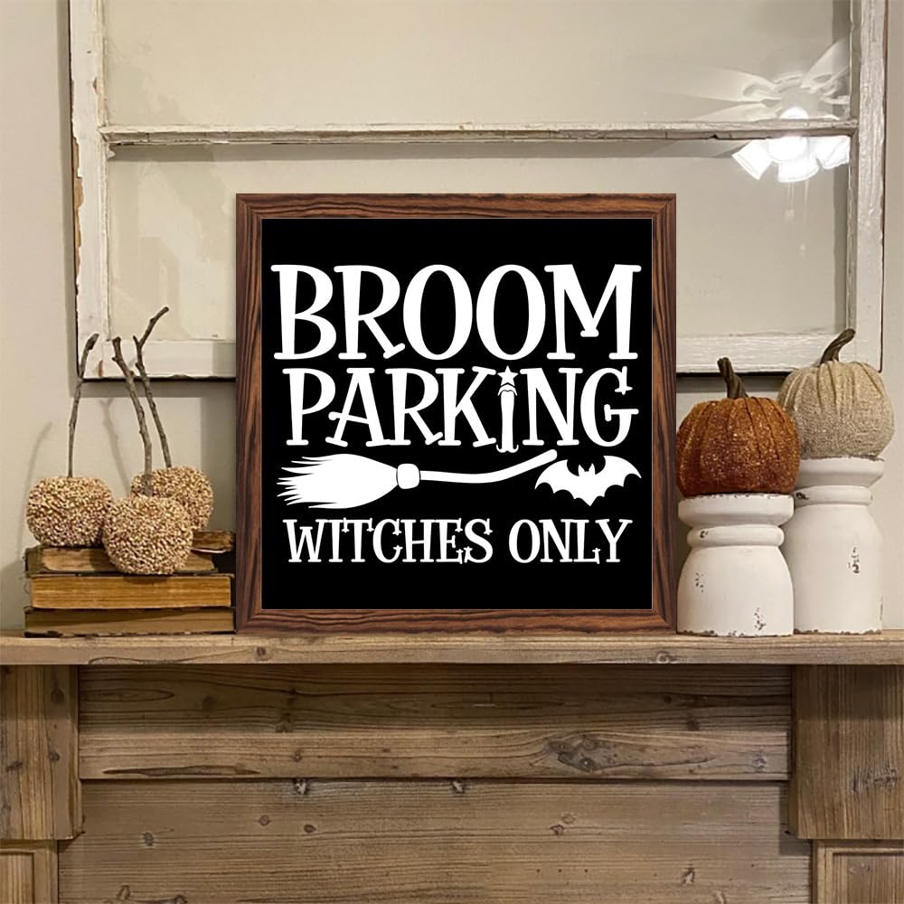 Halloween Broom Parking Only All Others Will Be Toad Wooden Sign, With Frame Witch Broom Plaque Sign for Home Patio, Cafe, Porch Halloween Decor 7.87x7.87 Inch