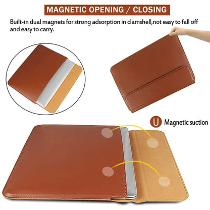 Brown Premium Laptop Sleeve 14-15.6 Inch ONLY MacBook Pro Air 15 Dell XPS HP Envy Lenovo ThinkPad Surface Waterproof PU Leather Stand Mouse Pad Business, Not for 11-13”