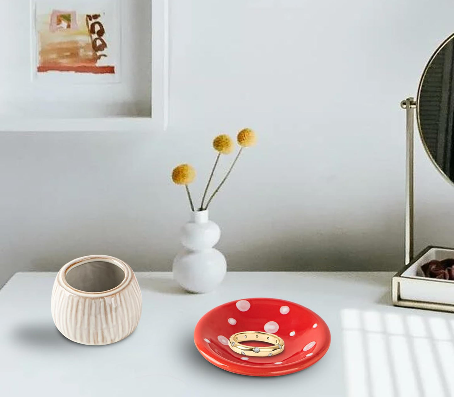 dgudgu Mushroom Ring Holder Jewelry Tray Red Dish Ceramic Trinket Storage Jar Mini Engagement Ring Holder