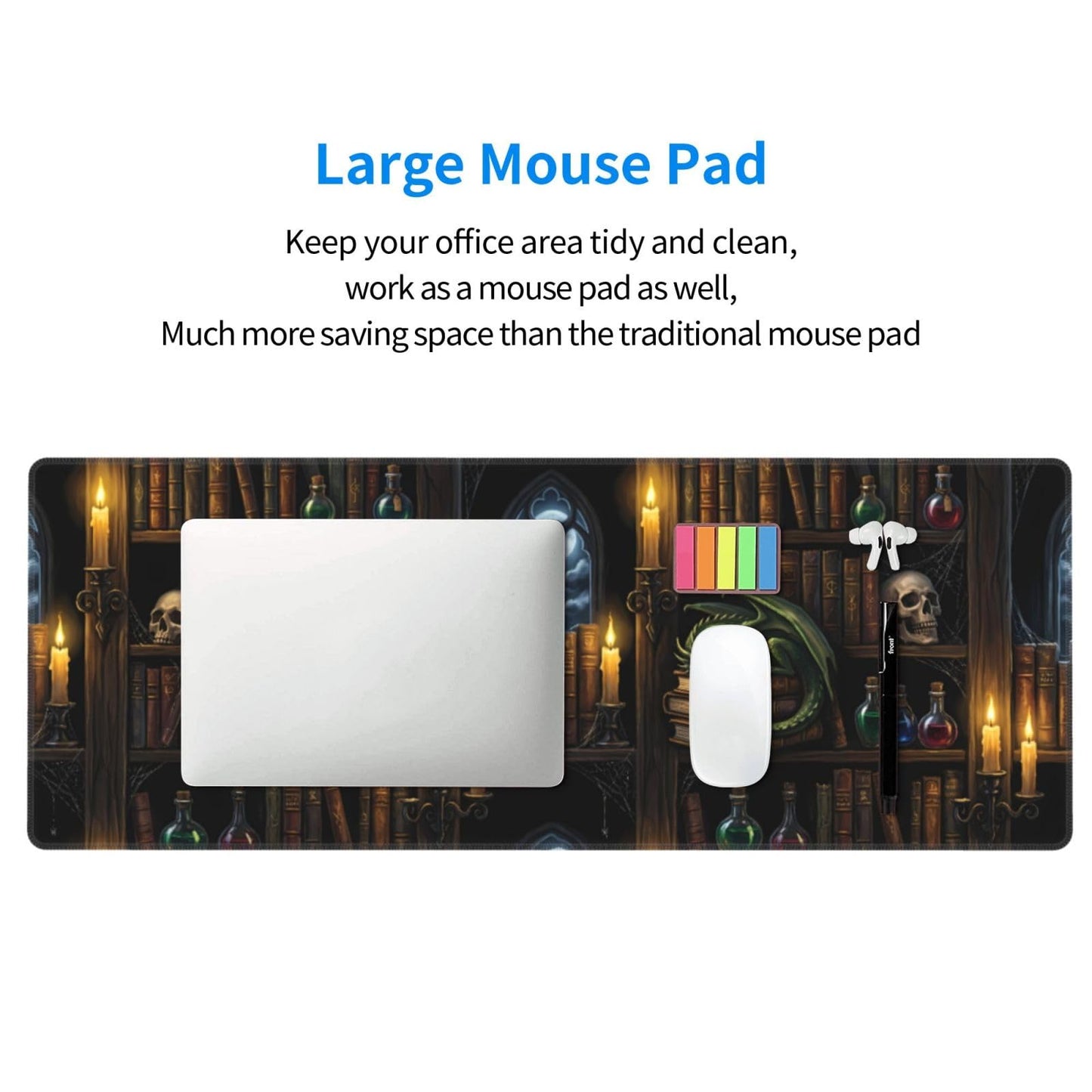 Wizard Library Large Gaming Mouse Pad 31.5 x 11.8 in Gothic Dragon & Magic Potions Desk Mat - Extended Non-Slip Rubber Base with Stitched Edges for Office & Home