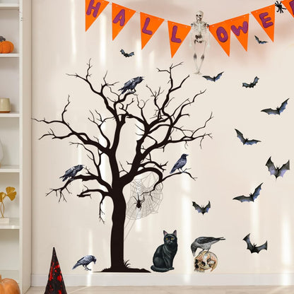 Halloween Horror Tree Wall Decals Scary Gothic Black Crow Bat Cat Wall Stickers Halloween Wallpaper Peel and Stick Removable Wall Art Decal for Bedroom Living Room