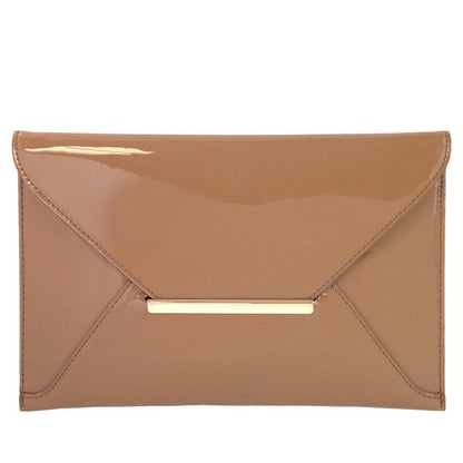 JNB Faux Patent Leather Envelope Candy Clutch Bag with Gold Hardware Zippered Pocket,Taupe