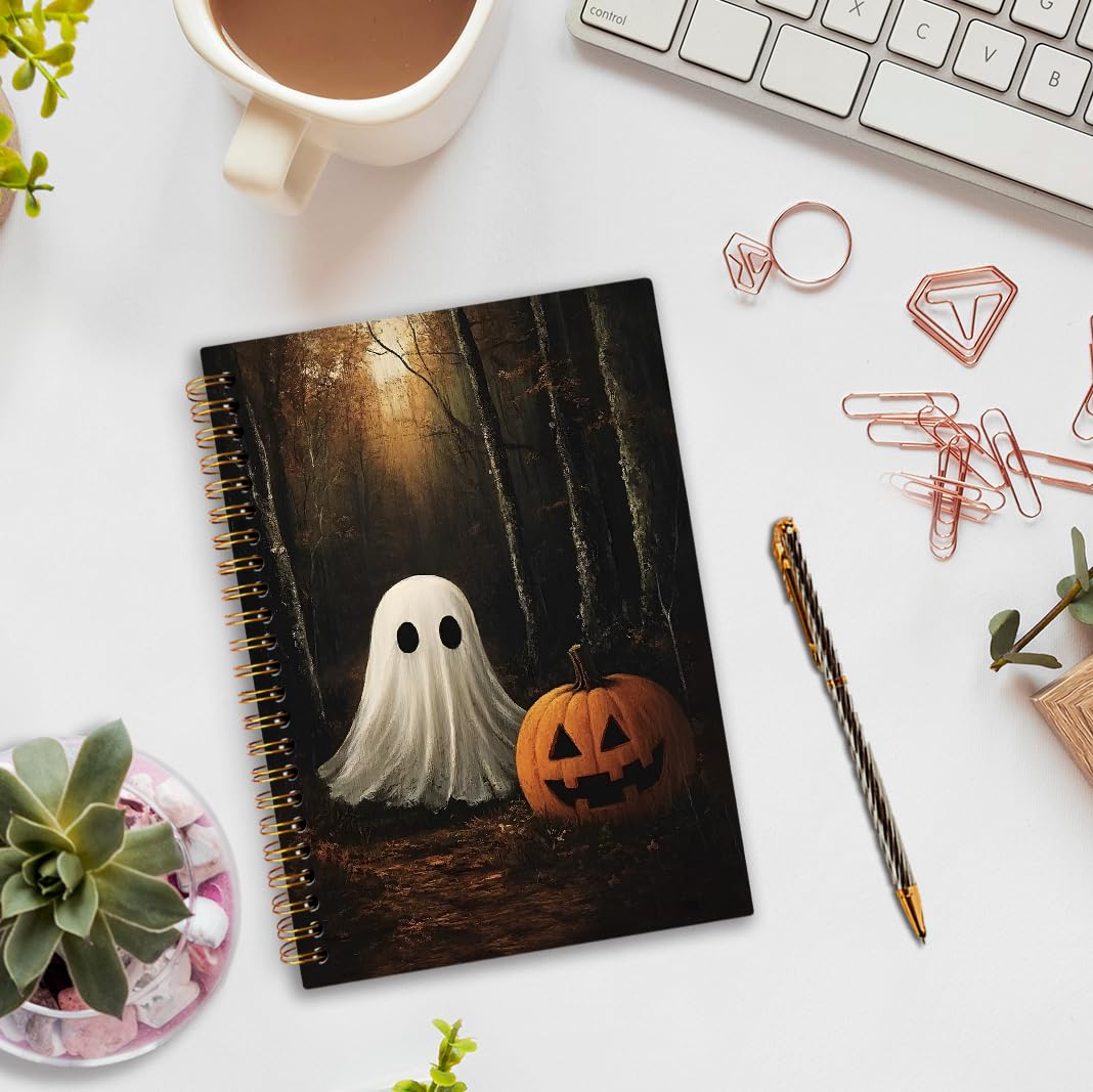 nvucamd Vintage Halloween Spiral Notebook, Witchy Fall Ghost Pumpkin Journal Notebook, Gothic Ghost Gifts Journaling Notebooks for Women, Halloween Gifts Office Supplies, 5.5x8.3 Inch