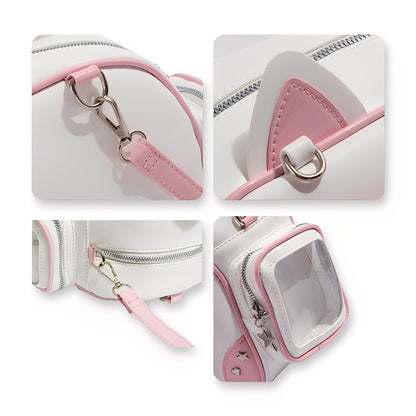 SUSTRALO Pink Cat Ita Bag Backpack with Insert, Kawaii Heart Clear Window Pin Display Backpack, Convertible PU Leather Ita Shoulder Crossbody Bag for Anime Collection