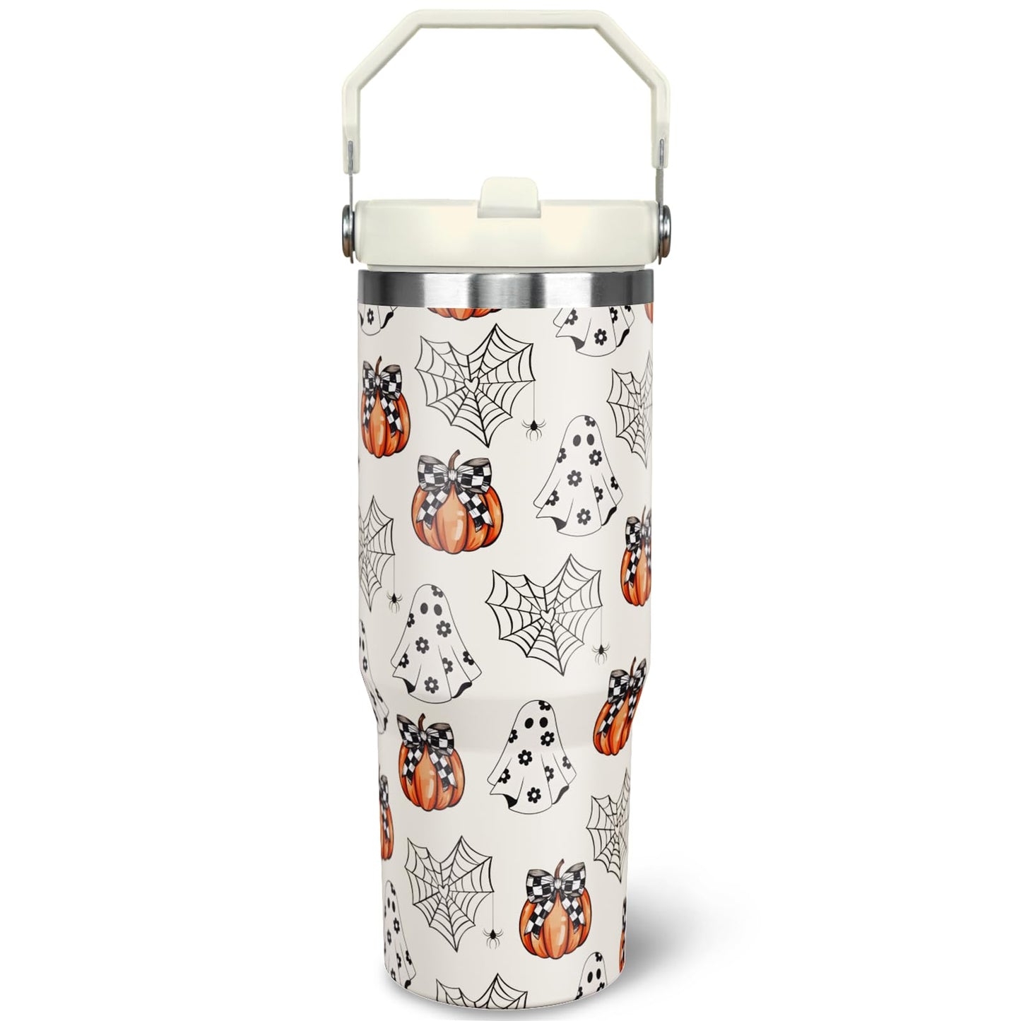 nmbnswo 30 oz Halloween Tumbler with Lid and Straw, Ghost Pumpkin Bow Tumbler Insulated Coffee Travel Mugs Cup Water Bottle Cute Halloween Gifts for Women Girls