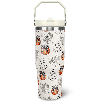 nmbnswo 30 oz Halloween Tumbler with Lid and Straw, Ghost Pumpkin Bow Tumbler Insulated Coffee Travel Mugs Cup Water Bottle Cute Halloween Gifts for Women Girls