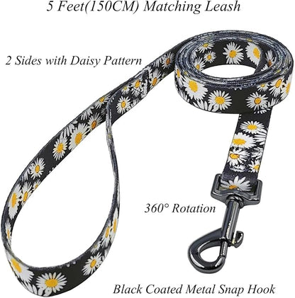 Dog Collar and Leash Set, Cute Daisy Pattern, Polyester Material, 5ft Leash, for Large Dogs.(Large,Black Daisy)