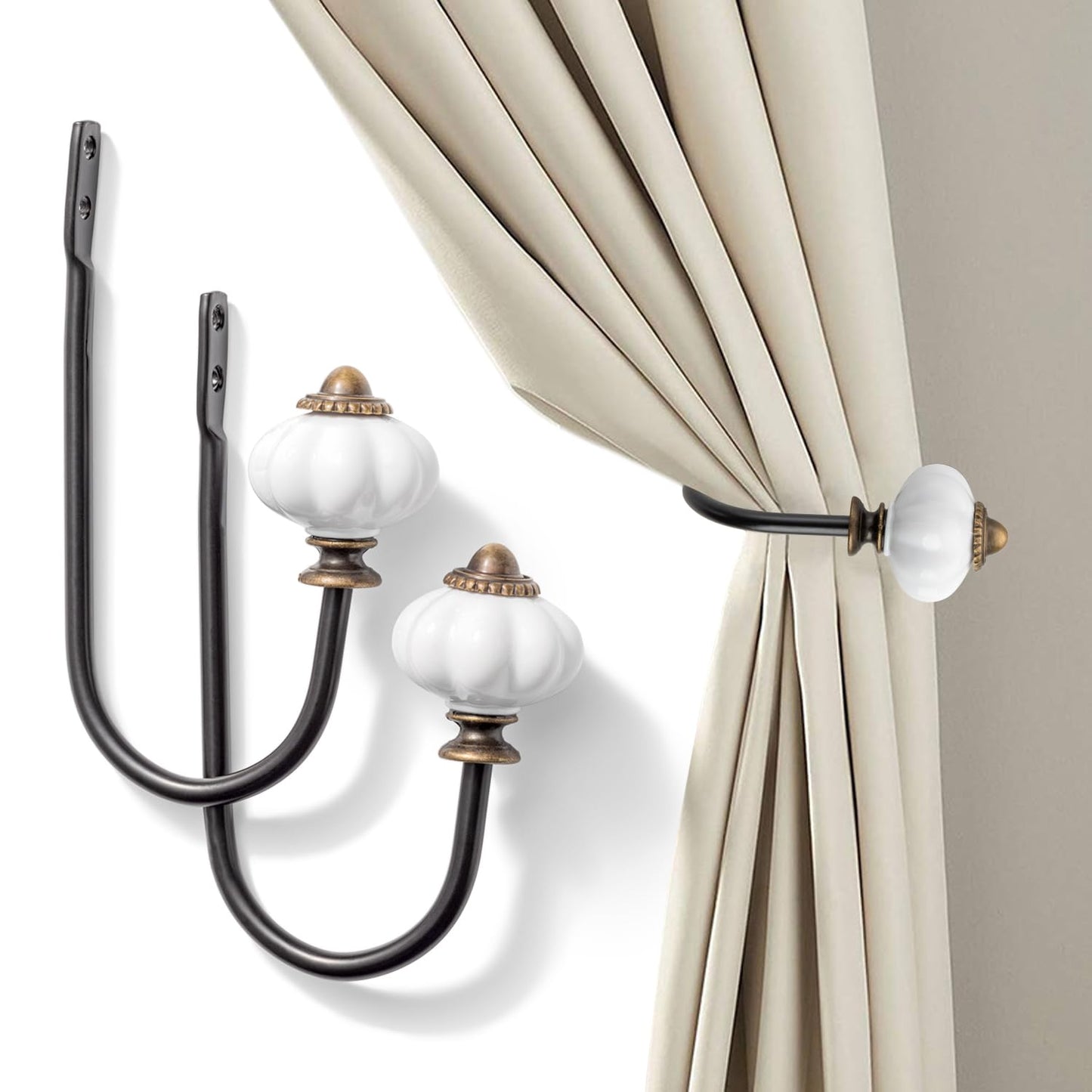 Curtain Holders for Wall - 2pcs, Wall Mounted Drapery Tiebacks with Crown Pumpkin, Heavy Duty Metal Decorative Window Drapery Curtain Holder Curtain Hooks with Screws (Crown Pumpkin)