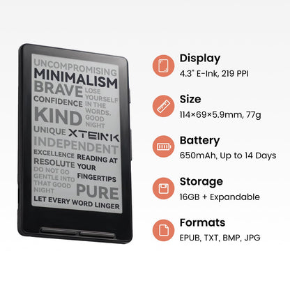 XTEINK X4 E-Book Reader (Developer Edition), 4.3" Pocket E-Ink eReader, Physical Page-Turn Buttons, Ultra-Thin 0.23" & 2.72 oz, Magnetic-Ready Design, Distraction-Free Reading, 16GB, Space Black