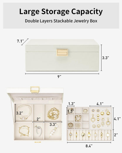 VLANDO Jewelry Box for Women, Gift for Women Girls,2 Layer Jewelry Box,Large Jewelry Organizer for Women Removable Jewelery Tray for Necklace Earrings Rings(Cream White)