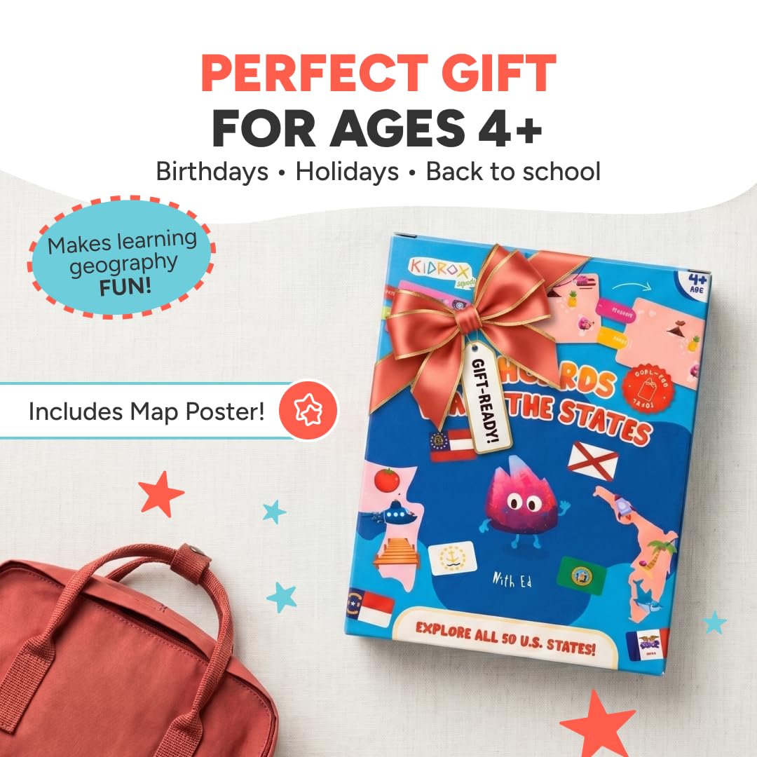 Kidrox Flashcards: Learn the 50 U.S. States – Pull-Tab Geography Game for Kids Ages 6+ | State Maps, Flags & Capitals | Includes U.S. Map Poster
