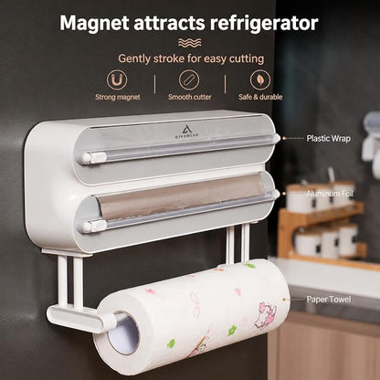 Magnetic Plastic Wrap Dispenser with Cutter, 3-in-1 Kitchen Wrap Organizer for Plastic Wrap, Aluminum Foil & Cling Film, Wall Mount Wrap Dispenser with Paper Towel Holder (3 in 1)
