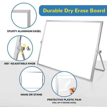 Dry Erase White Board, 16inX12in Large Magnetic Desktop Whiteboard with Stand, 10 Markers, 4 Magnets, 1 Eraser, Portable Double-Sided White Board Easel for Memo to Do List Desk Office