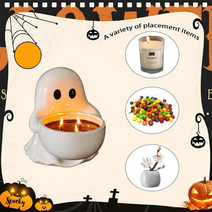 FACIOWN Halloween Ghost Candlestick, Ceramic Tea Light Holder for Scented Candles, Doubles As Candy Dish, Cute Halloween Party Decor.