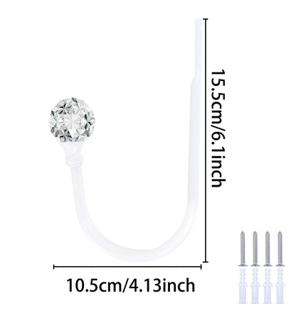 Groleca 2 x Heavy Duty U Shaped Metal Curtain Holdbacks Curtain Tiebacks with Clear Crystal Ball Pull Backs Curtain Holders for Drapes (White)