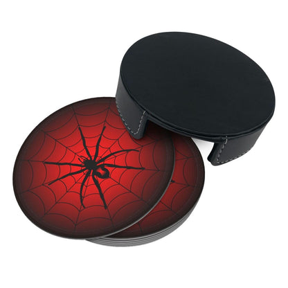 Spider Coasters for Drinks with Holder Leather Coasters Set of 6 Cute Halloween Drink Coasters Sets for Living Room Kitchen Coffee Bar Table