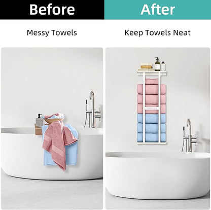 STWWO Wall Towel Rack for Rolled Towels, Towel Storage for Small Bathroom Can Holds 6 Large Towels, 30 inch Towel Racks with Shelf, White