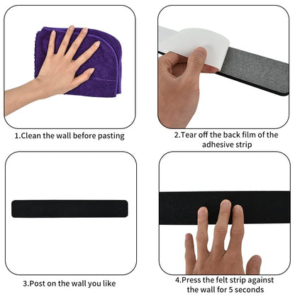 Vuzvuv 8 pcs Bulletin Board Bar Strips with 50 Pushpins & 10 Wooden Clip pins，Self Adhesive Cork Board for Wall，Felt Pin Board for School，Office Decor(Black)