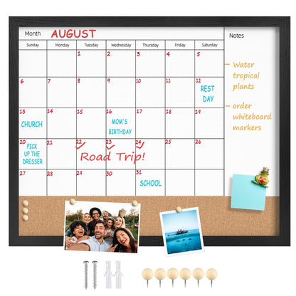 Dry Erase Calendar Whiteboard for Wall, 17.7" x 21.6" Combination Magnetic Dry Erase White Board & Bulletin Board, Black Frame Calendar/Cork Combo Board (BK-4555-B)