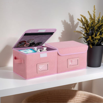 EsmeeSis Small Storage Box, Storage Basket with Lid, Foldable Cotton Linen Fabric Keepsake Box, Organizer Container with Zipper for Decorative, Medicine, Greeting Card Organizer. (Pink, 1 Pack)