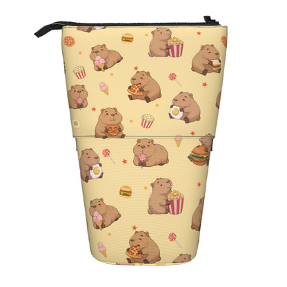 Tezmd Yellow Cute Animals Kids Standing Pencil Case Girls Boys Telescopic Stationary Pouch with Zipper Large Capacity Stand up Pen Bag Portable Makeup Holder for Children School Students