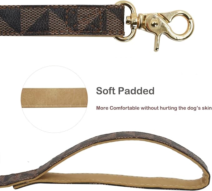Leather Dog Collar and Leash Set, Check Pattern Dog Collar Leashes Metal Buckle Adjustable Durable for Small Medium Large Dogs (Brown, M(11.8-15IN))