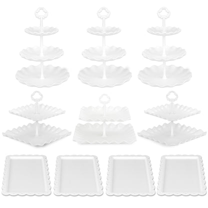 Pack of 11 NWK Cake Stand Set, with 3 x Two-Tier and 3 x Three-Tier Cupcake Stands, 4 x Appetizer Trays, 1 x Tablecloth for Birthday Bridal Baby Shower Party (White)