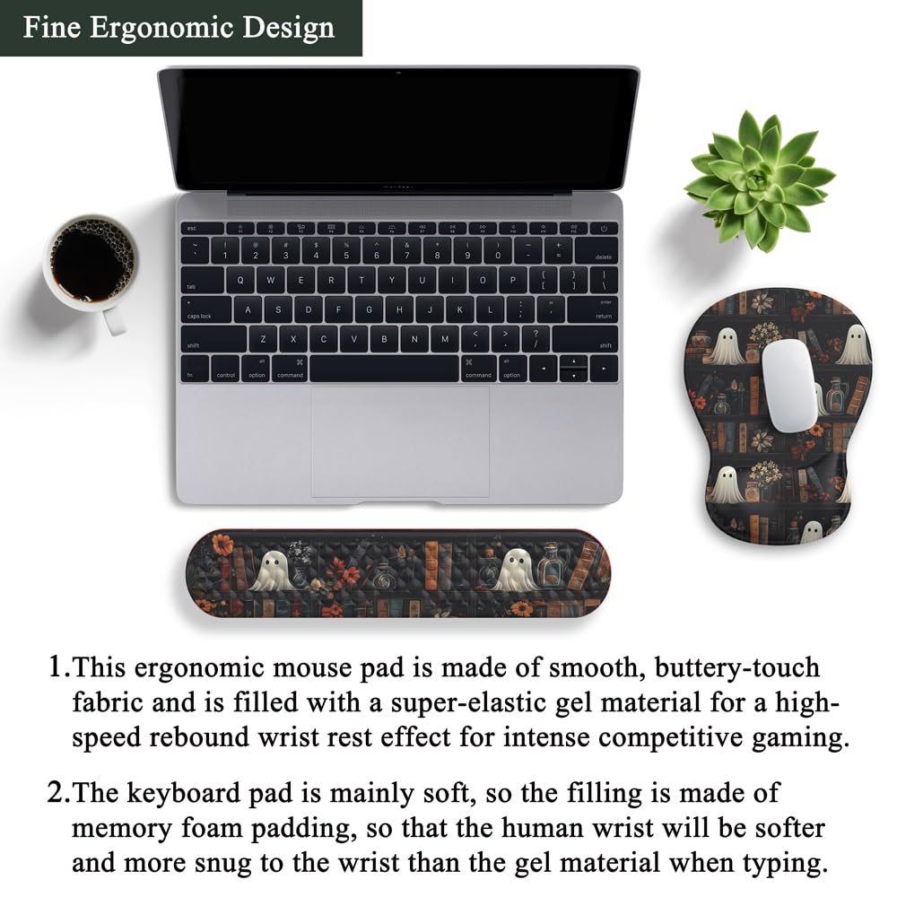 Ghost Book Mousepad with Wrist Rest Halloween Computer Keyboard Mouse Pad Black Cute, Mouse Pad with Wrist Rest for Computer Keyboard, 2 In1 Mousepad with Wrist Support Easy Typing&Relieve Wrist Pai
