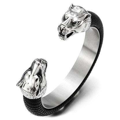 COOLSTEELANDBEYOND Mens Steel Wolf Head Open Cuff Bangle Bracelet Inlaid with Black Leather Elastic Adjustable