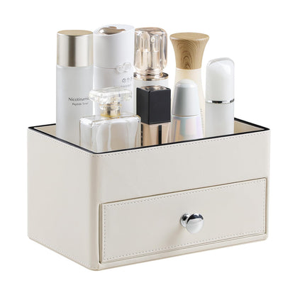 MEIBOOCH PU Leather Desk Organizer with Drawer, Multifunctional Nightstand Organizer, Waterproof Makeup Organizer for Vanity Bathroom Countertop Bedside Table (Beige)
