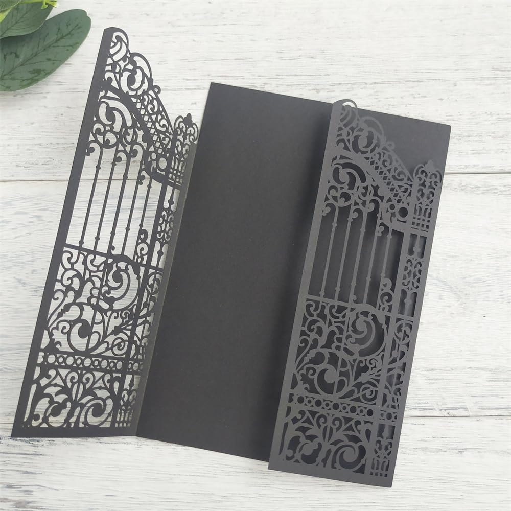 MillaSaw Black Gate Invitation Laser Cut Card For Wedding Engagement Mermaid Birthday Party 25 Sets (black, 4.9"x7.1")