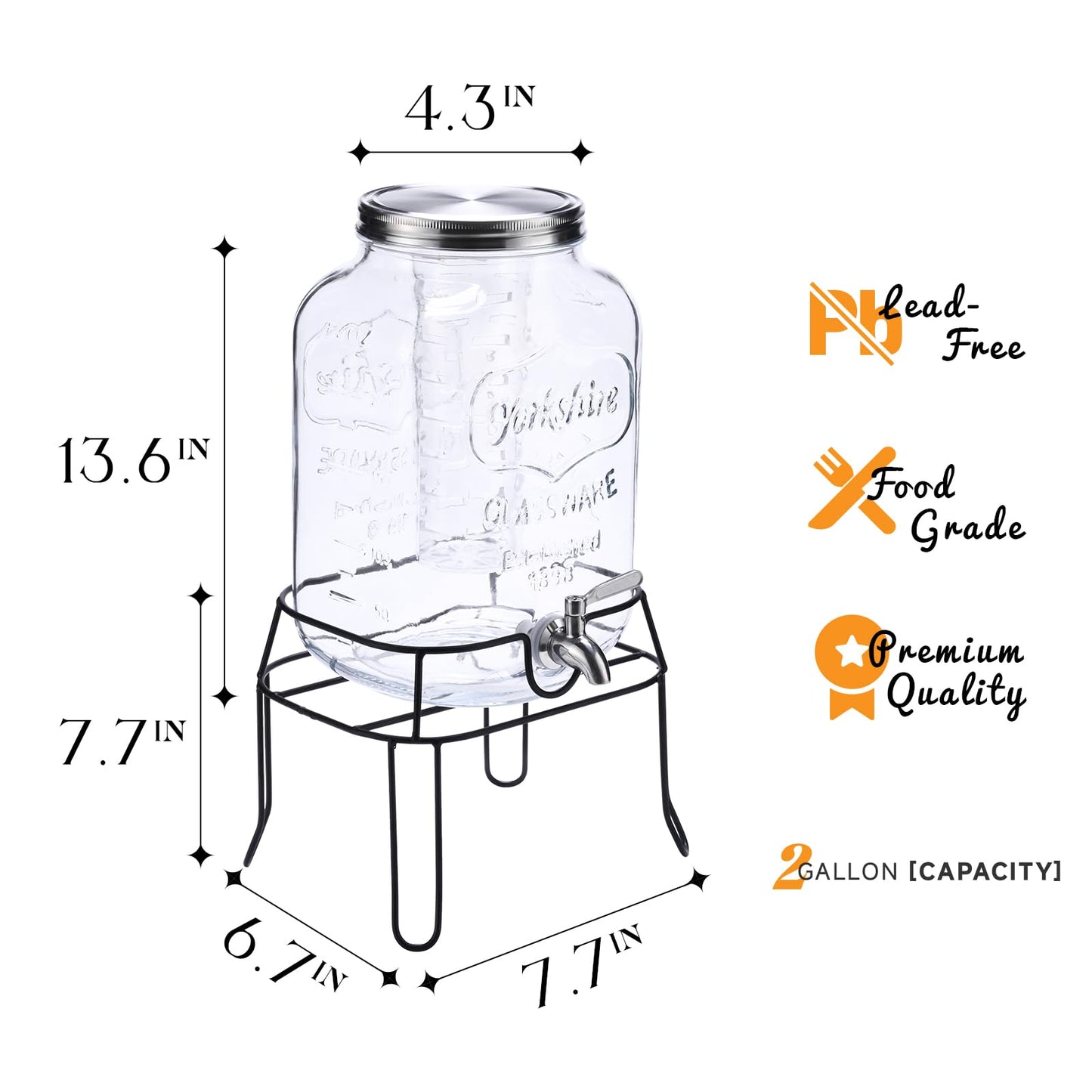 RuileMei 2 Gallon Glass Drink Dispenser,Beverage Dispenser with Stand,Lemonade Dispenser with 304 Stainless Steel Spigot Leakproof for Entertaining Guests, Picnic,Hosting Parties