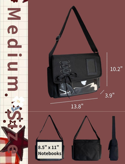 Gleease Ita Bag Japanese Messenger Bags Kawaii Crossbody Bag Anime Purse With Cute Pins Y2k For Women Men (Black A)
