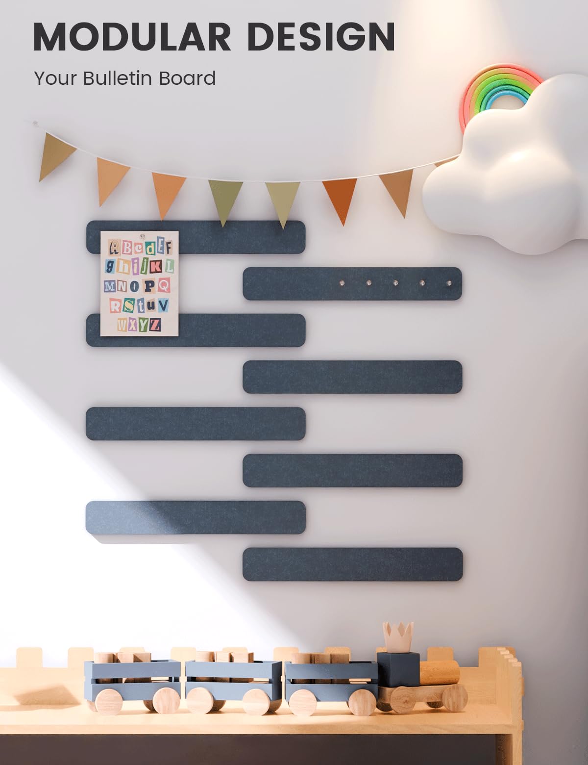 Fluxynara Cork Board Alternative Felt Strip Board 8-Pack 13"x2", Office Pin Board with 50 Push Pins, Adhesive Install for Bedroom Door & Home Office (Denim Blue)
