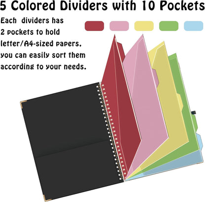 HAUTOCO Clipboard Folio with Refillable Lined Notepad for Letter Size (11" x 8.5"), 5 Dividers with 10 Pockets, Elastic Pen Holder and File Folder Labels, Spiral Nurse Clipboard Artboard(Black)