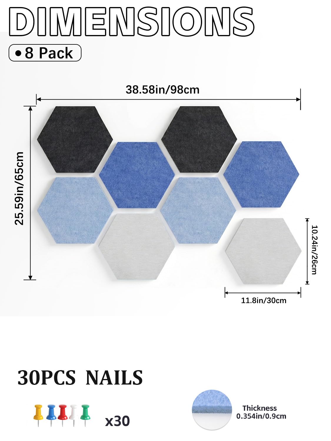 Uoisaiko 8 Pack Hexagon Felt Bulletin Board Tiles - 12" Large Thick Pin Board for Walls with 30 Push Pins, DIY Boards for Office Home School Decor, Aesthetic Hex Cork Board Alternative