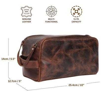 Autentico Leather Toiletry Bag for Men – Genuine Leather Dopp Kit, Travel Organizer for Grooming Essentials, Large Shaving Kit Pouch, Durable Dark Brown Gift for Men