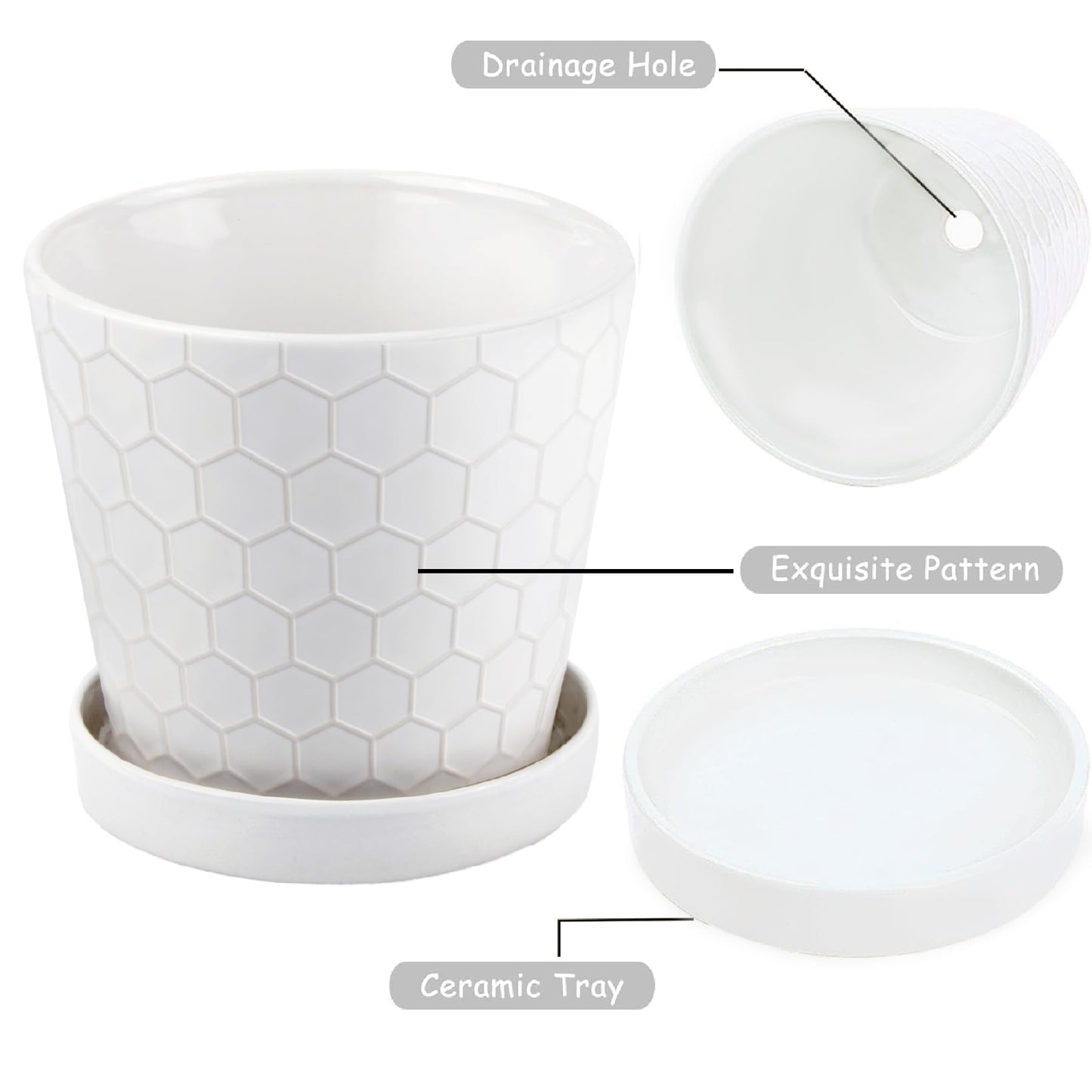Ceramic Plant Pots,4+5+6 Inch Pots for Indoor Plants,Planters with Drainage Holes and Ceramic Tray, Indoor Flower Pots Gardening Home Desktop Office Windowsill Decoration Gift,Set of 3 (White)